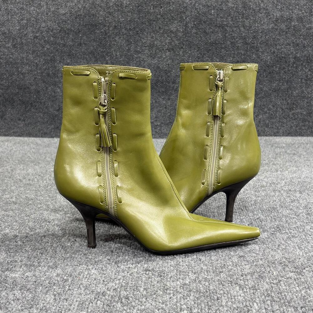 Sergio Rossi Ankle Boots Womens Size 6.5M Green Leather Pointed Toe Tassel Zip